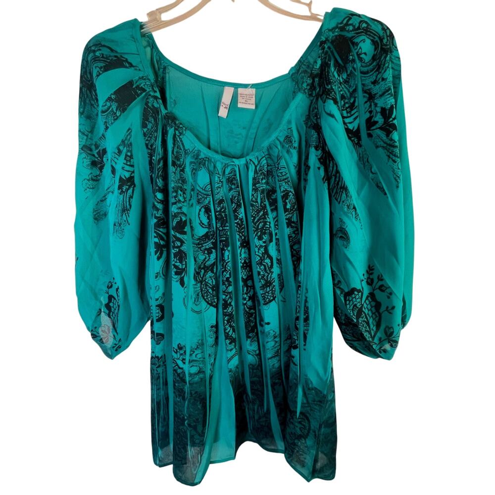 Sami + Jo Y2K gauzy semi-sheer pullover pleated blouse, green/black, size XL